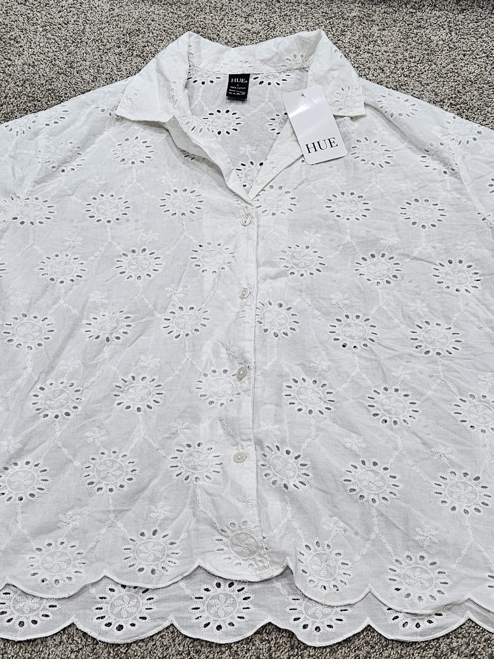 HUE White Eyelet Button-Down Shirt NWT